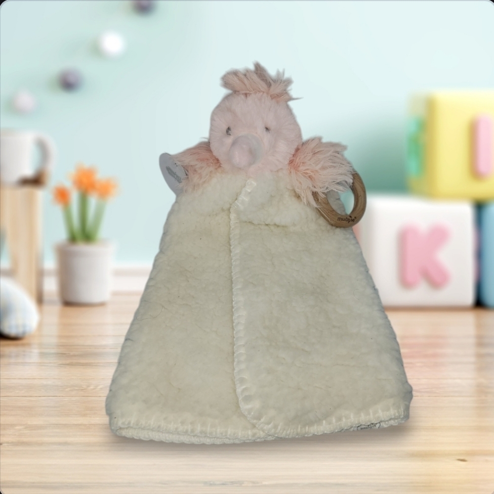 Mud Pie Lovey Pink Bird Woobie Wood Ring Baby Comfort Toy Blanket Cozy Plush NEW